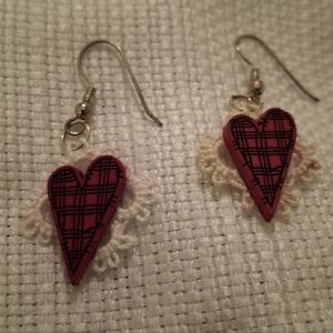 Plaid Heart-Shaped Drop Earrings with Lace Detail